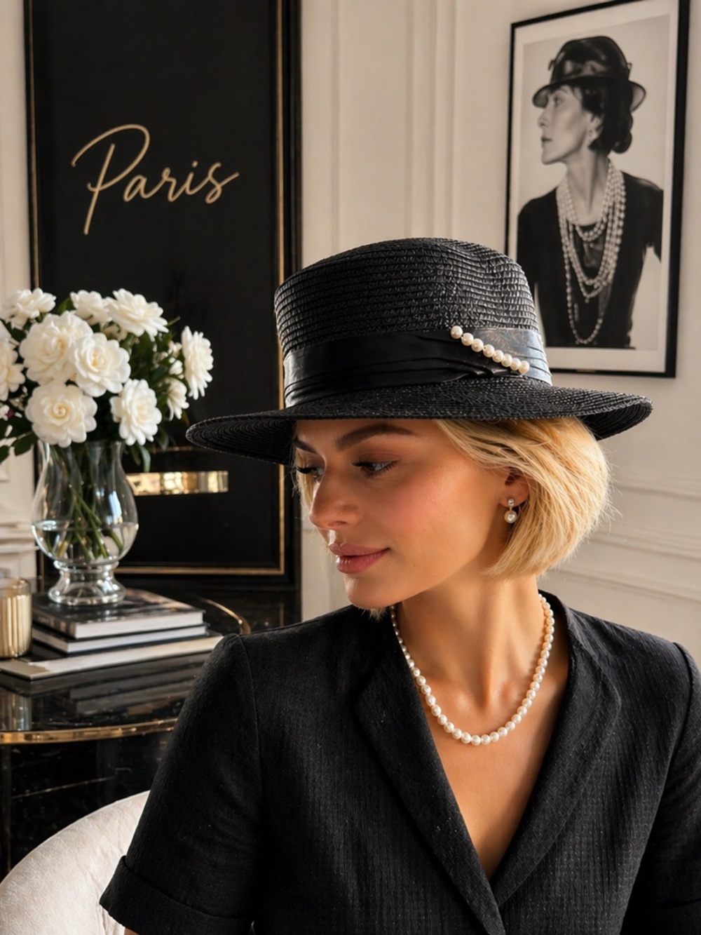 😍CHIC Classic Black Straw Boater Hat with Pearl Trim